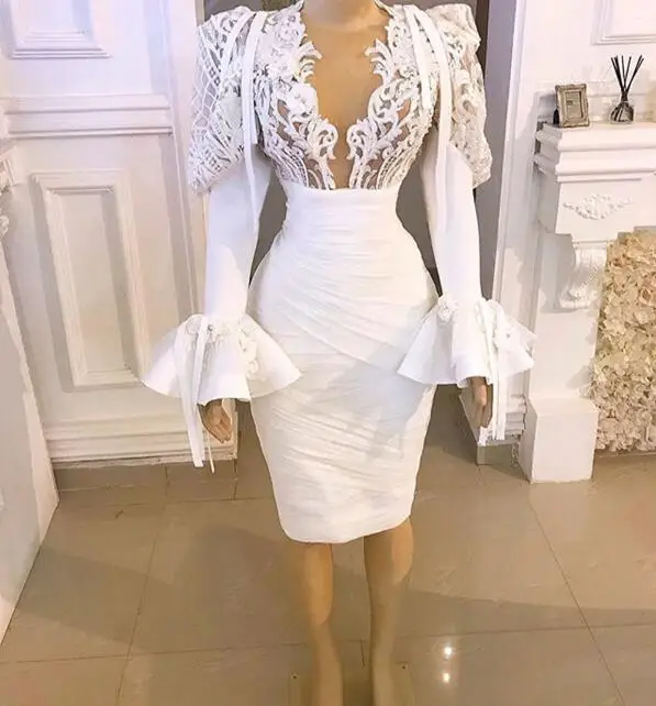 

White Cocktail Dresses Sheath Long Sleeves Knee Length Appliques Beaded Elegant Party Homecoming Dresses