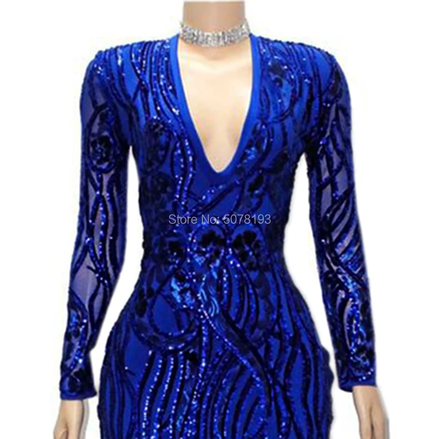 Robe de soirée élégante, col en v, manches longues, fermeture éclair, sirène/trompette, paillettes, bleu Royal, à la mode, livraison gratuite, N215