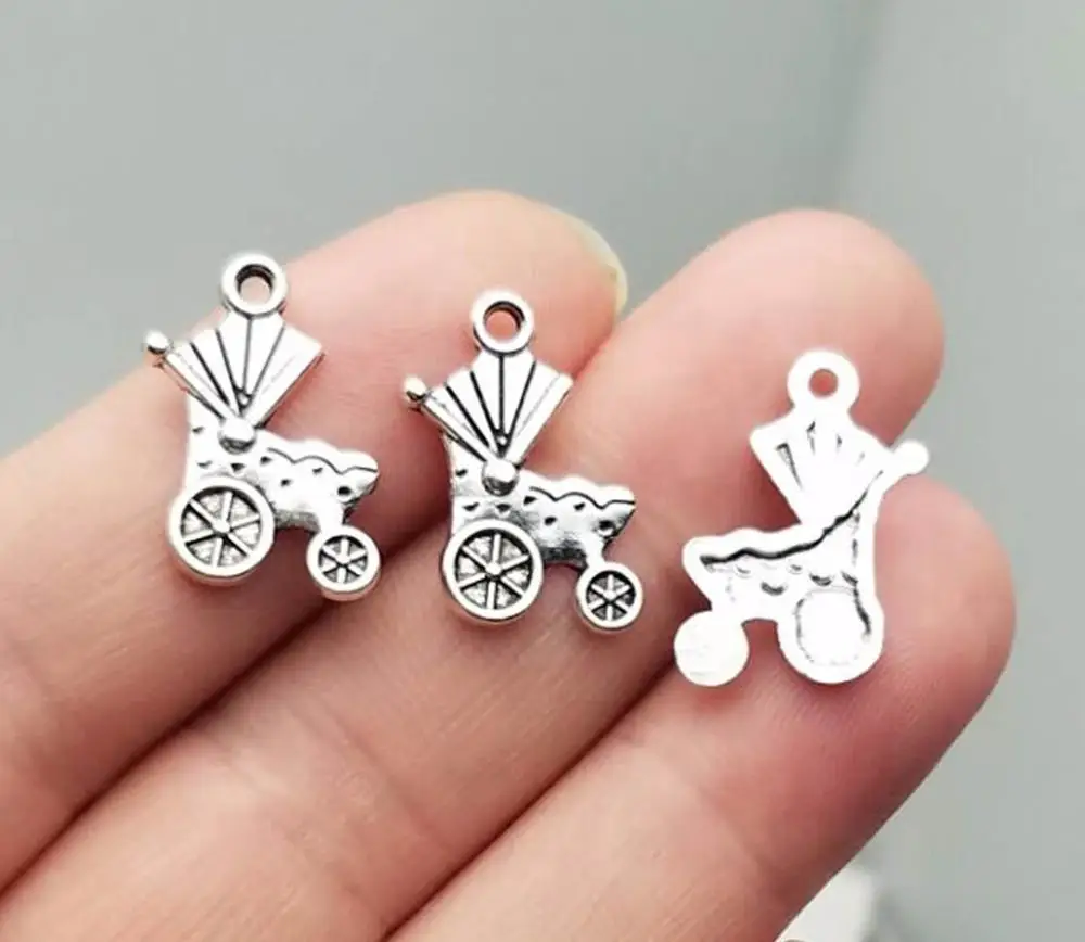 50 unids/lote-19x15mm, abalorios de carro de bebé chapados en plata antigua, suministros de bricolaje, accesorios de joyería