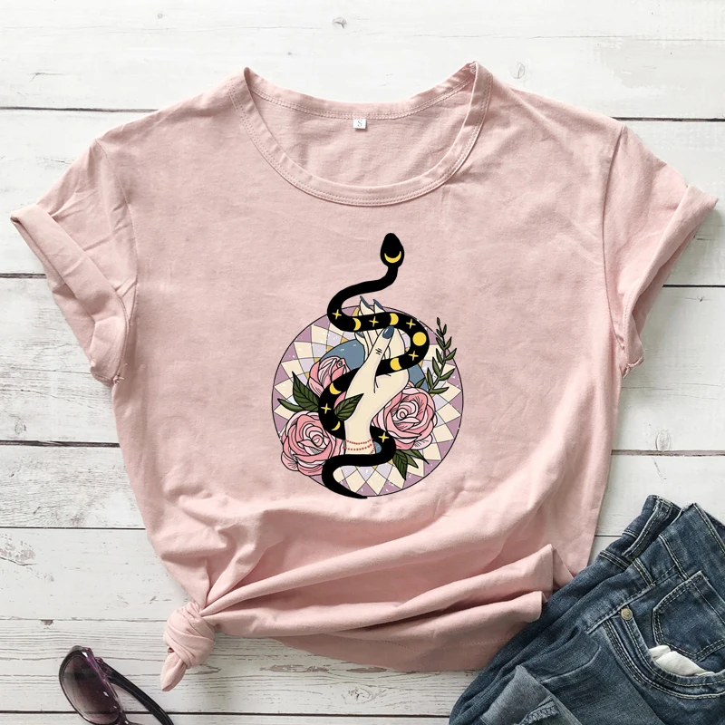 Boho Moon Phases Snake In Hand Colored T-shirt Aesthetic Witch Spiritual Tshirt Vintage Witchy Woman Gothic Graphic Tee Top