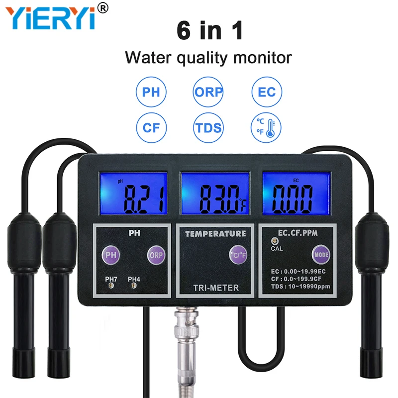 

6 in 1 Digital ORP TDS EC CF Temp PH Meter EU Plug Multi-Parameter Water Quality Purity Tester Device Monitor for Aquarium Pool