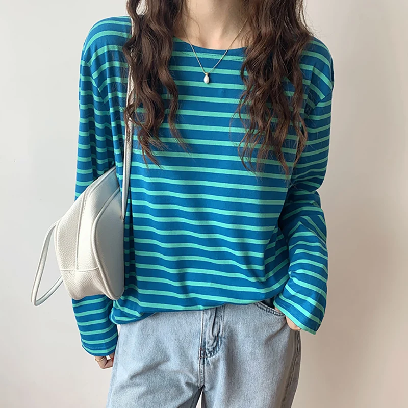 Women\'s Cotton Striped T-Shirt Top O Neck Loose Casual All-match T Shirts Female Long Sleeve Basic Fashion Korean New Tees Femme