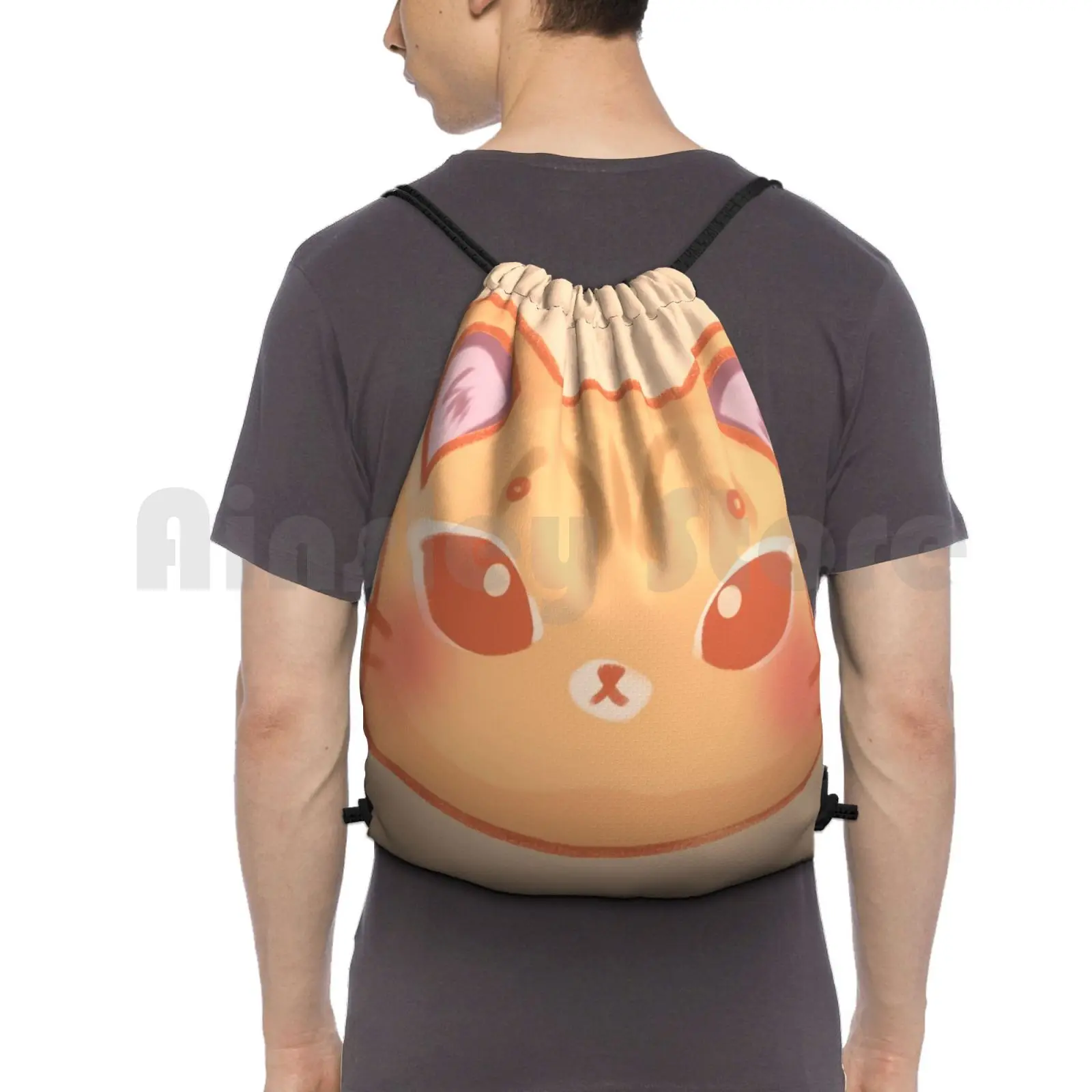 

Adorable Kitty Backpack Drawstring Bag Riding Climbing Gym Bag Orange Kitty Cat Kawaii Cute Animal Face Happy Happiness