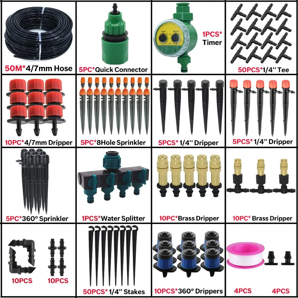 Kit de système d'arrosage automatique pour jardin, 5m-50m, buse de brouillard, arroseur, goutteur, minuterie, ensemble d'irrigation goutte à goutte pour fleurs et pelouse