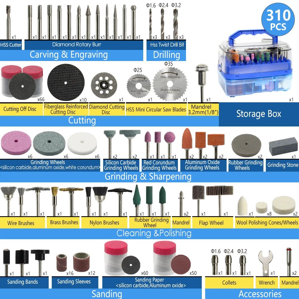 TASP – Kit d\'accessoires pour outils rotatifs, tige de 310mm pour Mini perceuse électrique Dremel, meulage, coupe, ponçage, gravure, polissage, 3.2