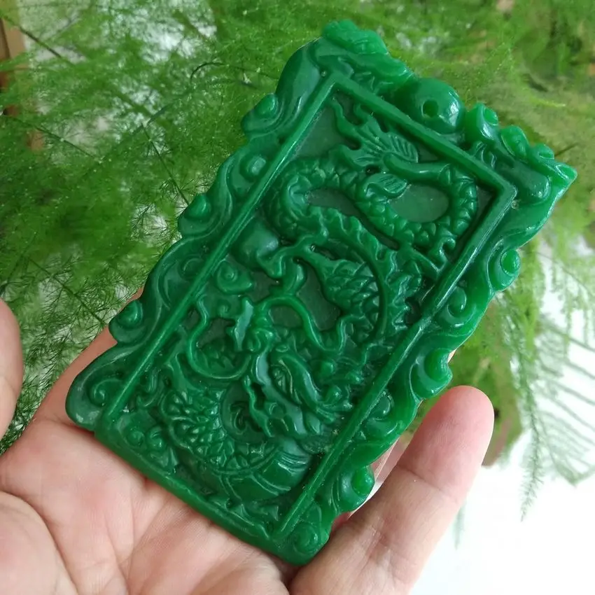 Admirable Green jade Dragon Phoenix Pendant Amulet hanging mala Bead Necklace protective talisman