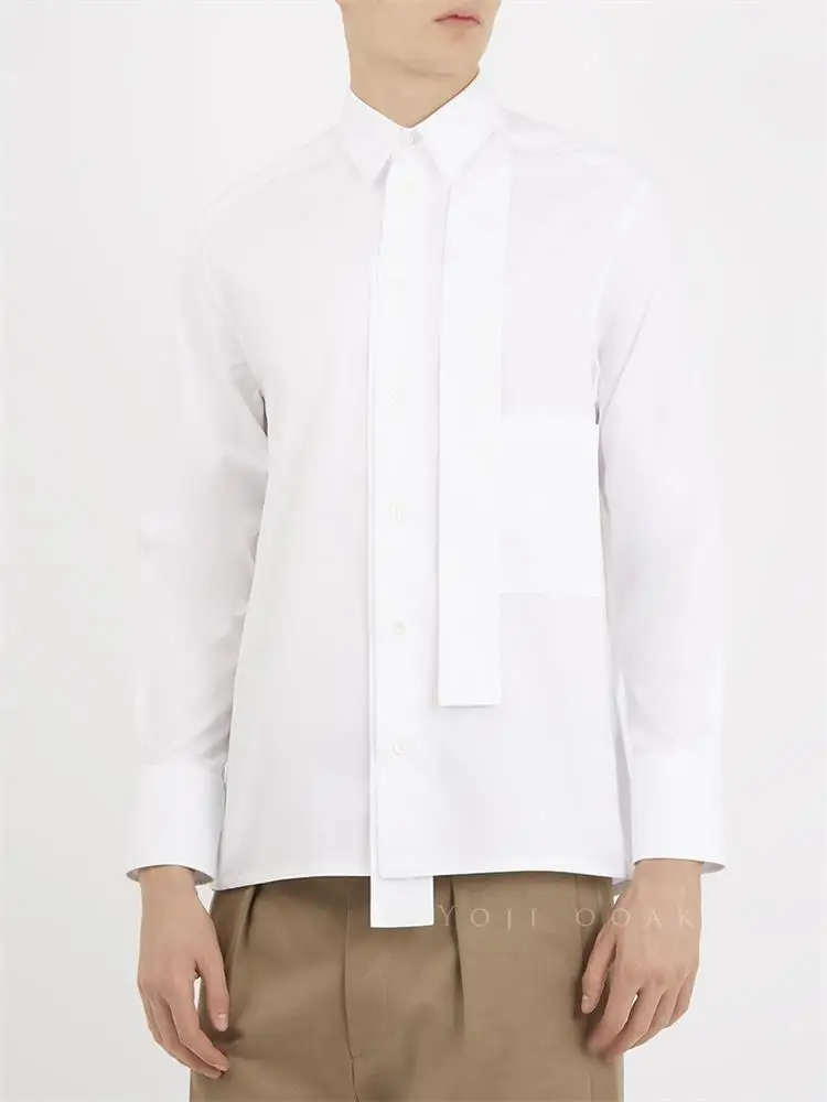 

Men's Long Sleeve Shirt Spring And Autumn New White Square Collar Cotton Poplin Ribbon Secret Button Irregular Fashion Shirt