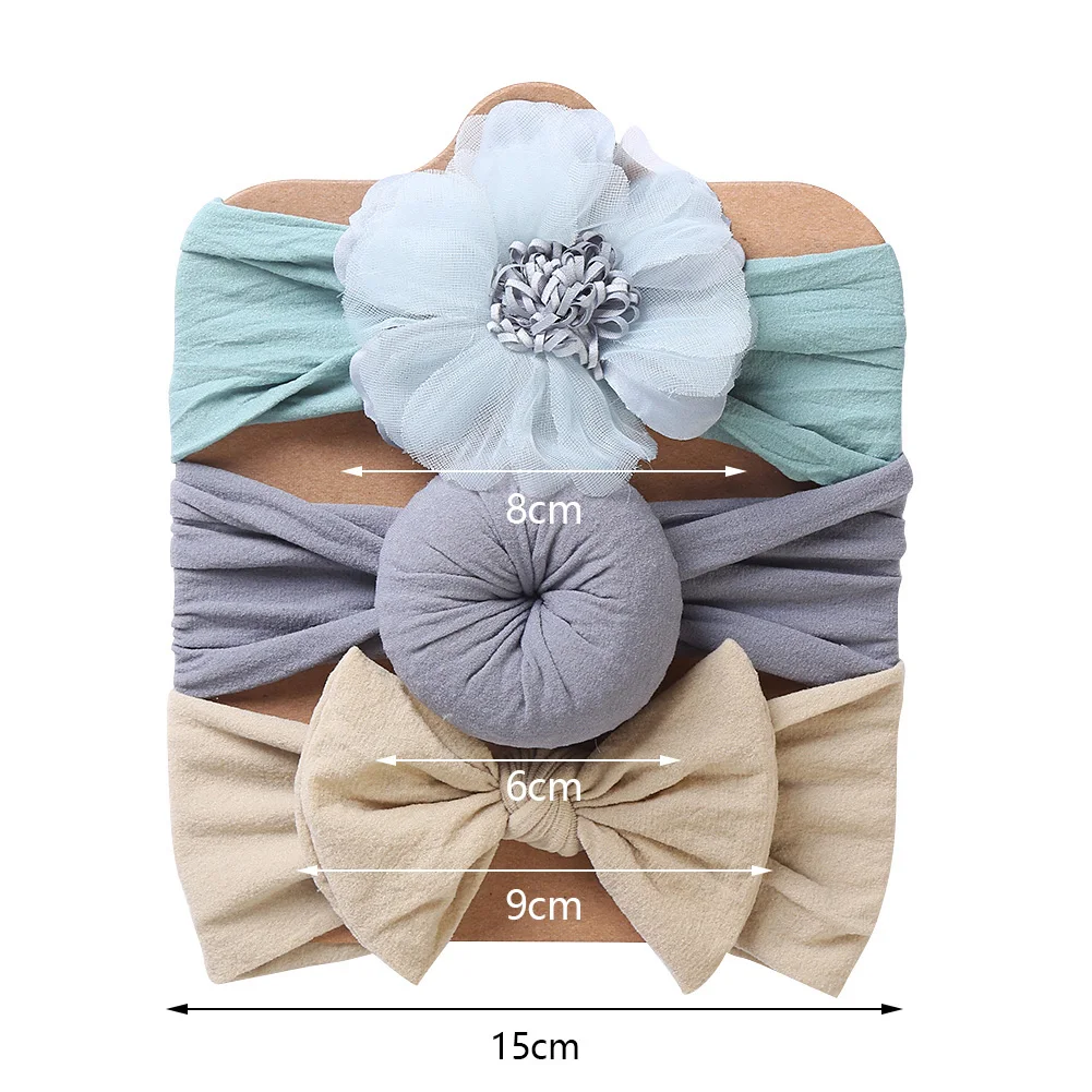 3Pcs/Lot Solid Nylon Baby Headbands Lace Flower Bow Hair Bands Newborn Donuts Headwraps Cute Fashion Kids Headwraps