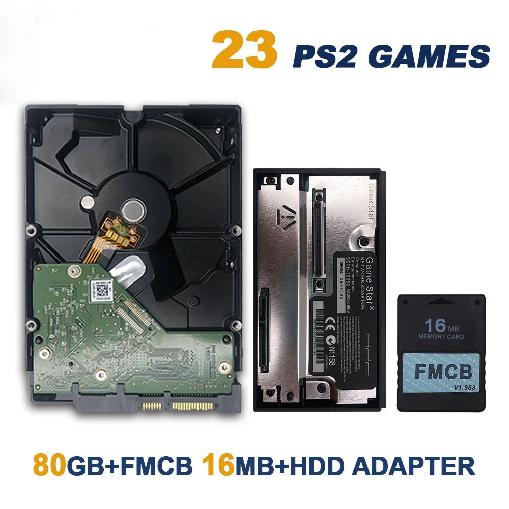 Jogo estrela sata hdd adaptador + sata hdd disco rígido unidade instalado jogos + fmcb cartão de memória 1.953 8mb para ps2 playstation 2