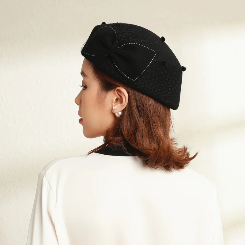 

2021 New Retro French Wool Women Beret Winter Felt Hat With Bow Women Fedoras Cocktail Formal Dress Hats Women Fascinator Hat