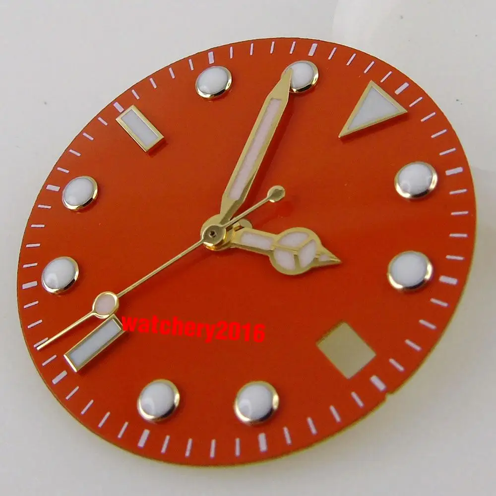 28.5mm Orange/Red Watch Dial+Watch Hands Sterile Watch Face Fit For NH35/NH35A Automatic Movement Date Window Luminous