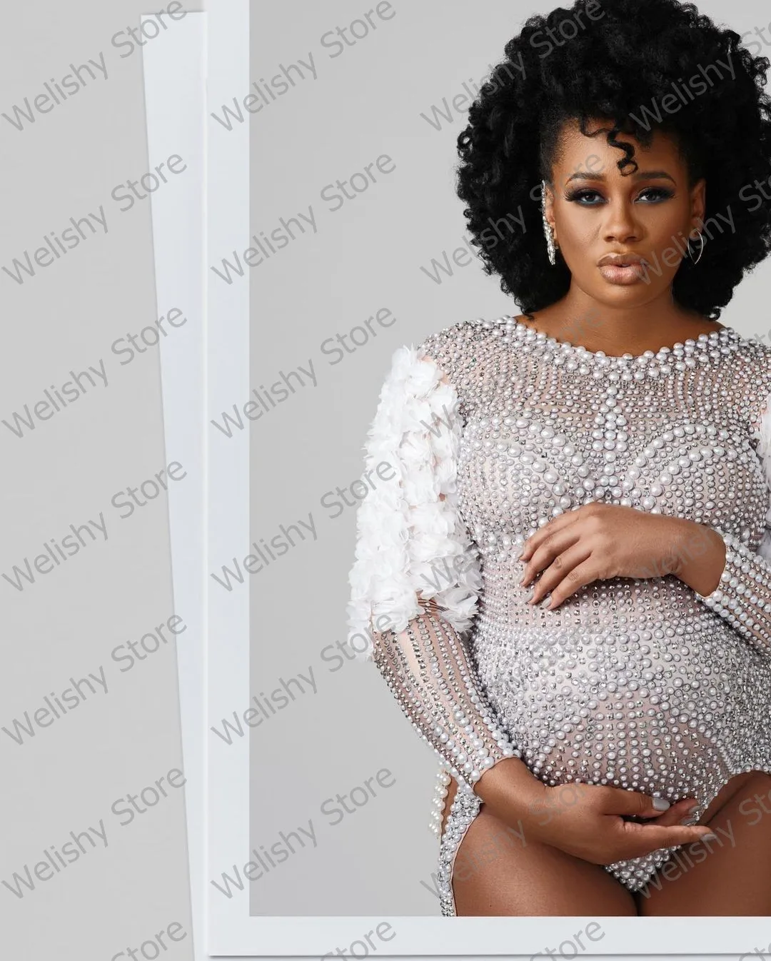 New Arrival Luxury Beads Diamond Tulle Dress For Maternity Women Photo Shoot Sexy Full Sleeve Suit South Africa Pageant Gowns