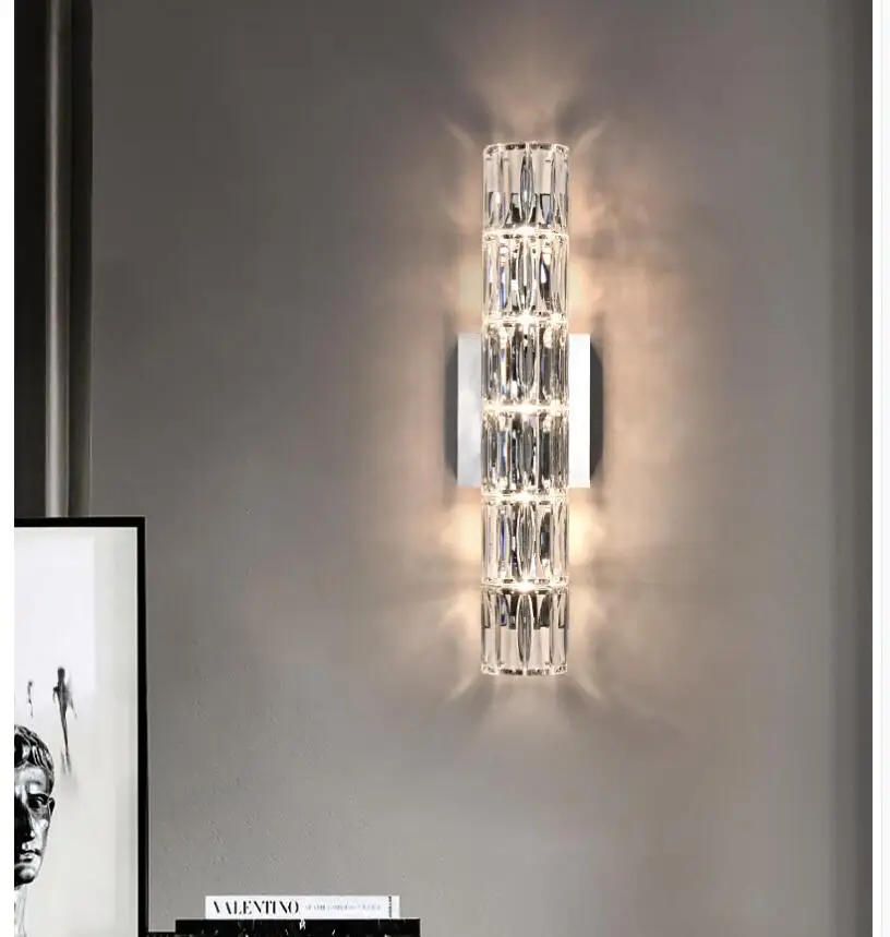 Imagem -03 - Moderno Lustre de Cristal Lâmpada Parede Aço Prata Quarto Led Luzes Parede W12cm H60cm Decora Luminárias Sala Estar Arandela Luzes