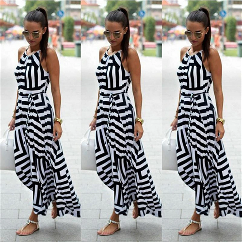 Women Sexy Boho Striped Sleeveless Maxi Long Beach Style Strap Sundress Vestidos For Female