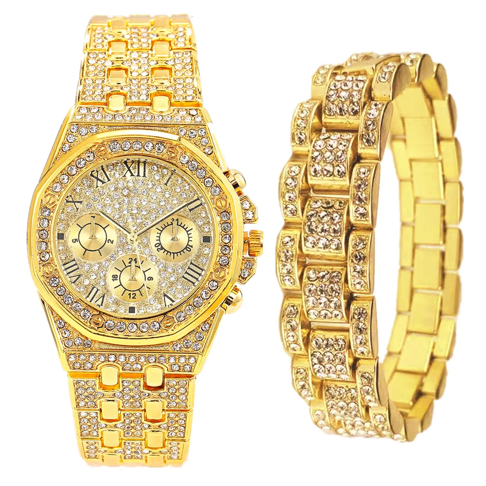 

New Fashion Charm Men Iced Out Watch + Bracelet Link Chain Big Gold Bangle Hip Hop Jewelry