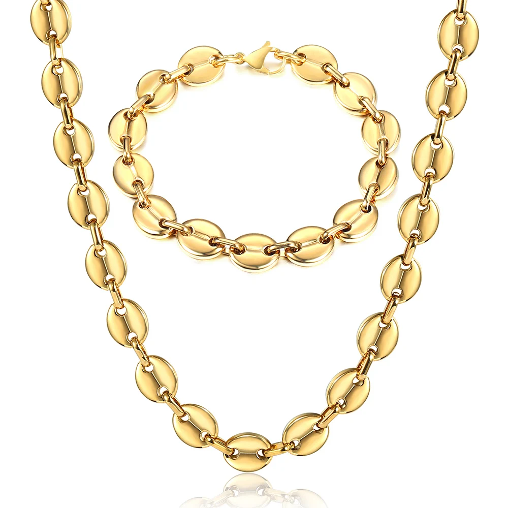 Womens Mens Jewelry Sets 7 9 11mm Gold Color Stainless Steel Coffee Beans Link Chain Bracelet Necklace Set Wholesale LKS255