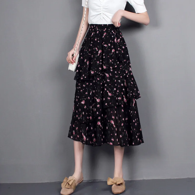 Simple High-waisted Floral Women's Summer Irregular Multi-layer Lotus-edge Printed Chiffon Tulle Long Sexy Vintage Skirts Womens