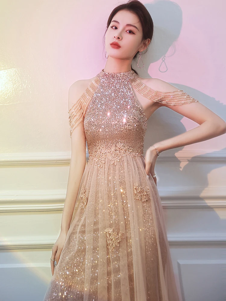 

Golden Sequined Halter Evening Dress New Beading Tassel Applique Party Gowns Women Banquet Formal Prom Engagement Dresses