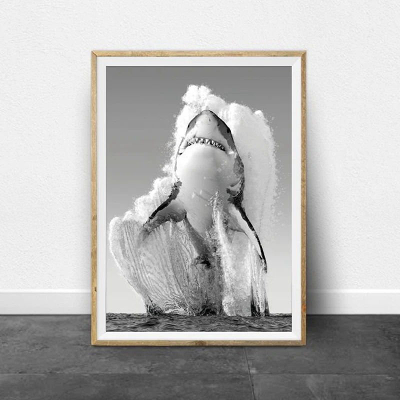Great White Shark Black White Posters and Prints Monochrome Nature Wall Art Canvas Painting Pictures for Living Room Home Decor