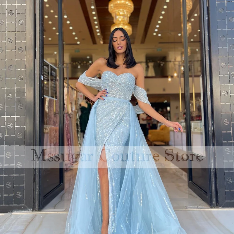 2022 Sky Blue Prom Dresses Sweetheart Off Shoulder Sequined High Split Vestidos Elegantes Para Mujer