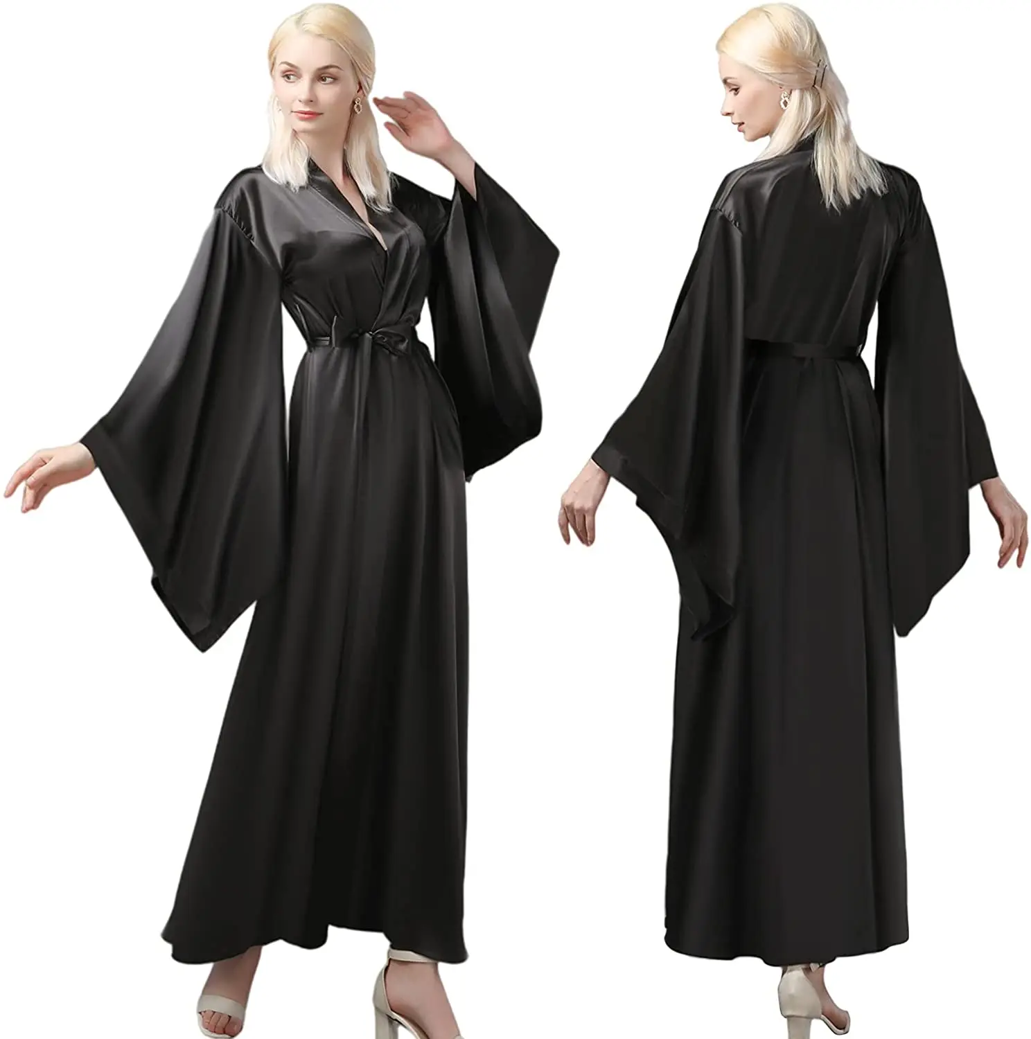 

Black Silk Women Robe Long Sleeve Sexy Nightgown V Neck Ruffles Silk Satin Sleepwear Bathrobe Pajamas Prom Bridesmaid Shawel