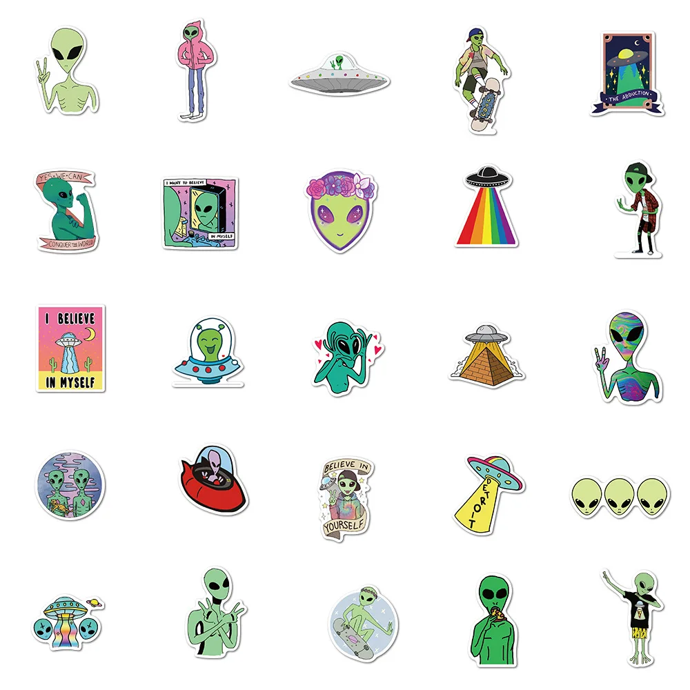 50pcs Eliens Alien Graffiti Sticker ET UFO Cartoon For Luggage Laptop Bicycle Skateboar Notebook Waterproof Customized Stickers