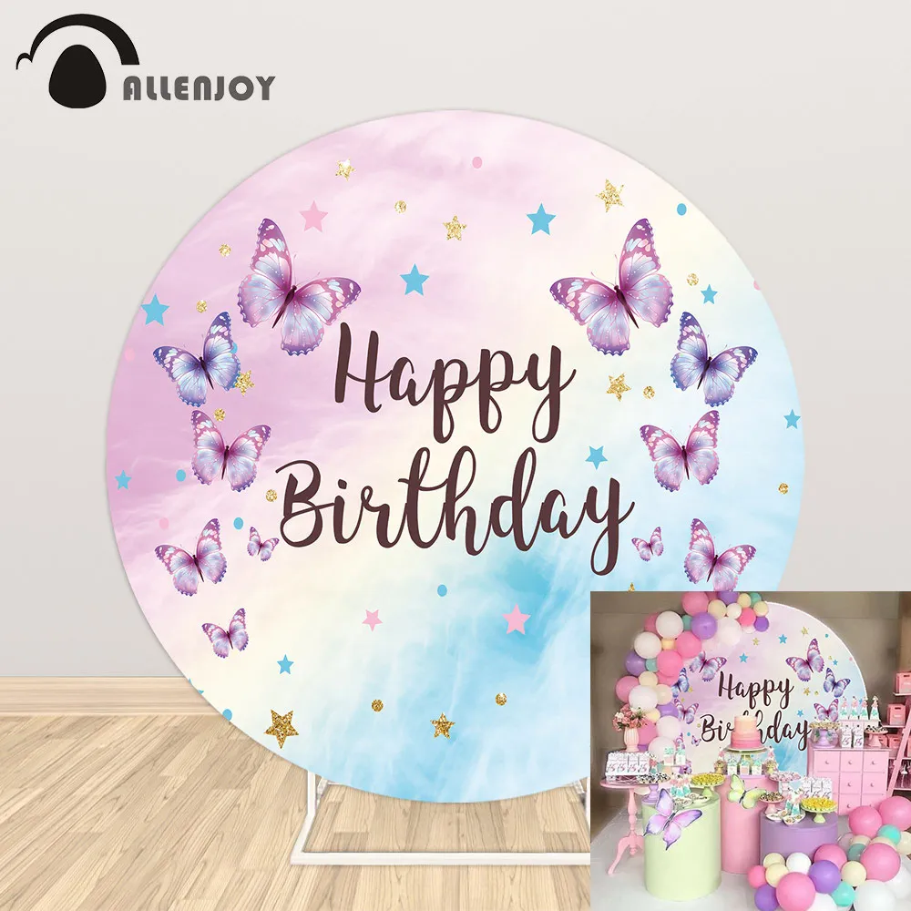 Allenjoy Butterfly Round Photography Background Pastel Dot Star Baby Shower Photo Zone Backdrop Happy Birthday Party Curtains