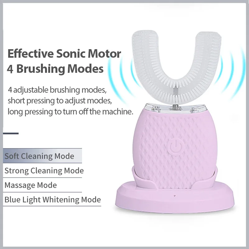 U-شكل فرشاة الأسنان الكهربائية USB قابلة للشحن 360 درجة فرشاة أسنان أوتوماتيكية الضوء الأزرق البارد تبييض الأسنان 4 طرق مقاوم للماء
