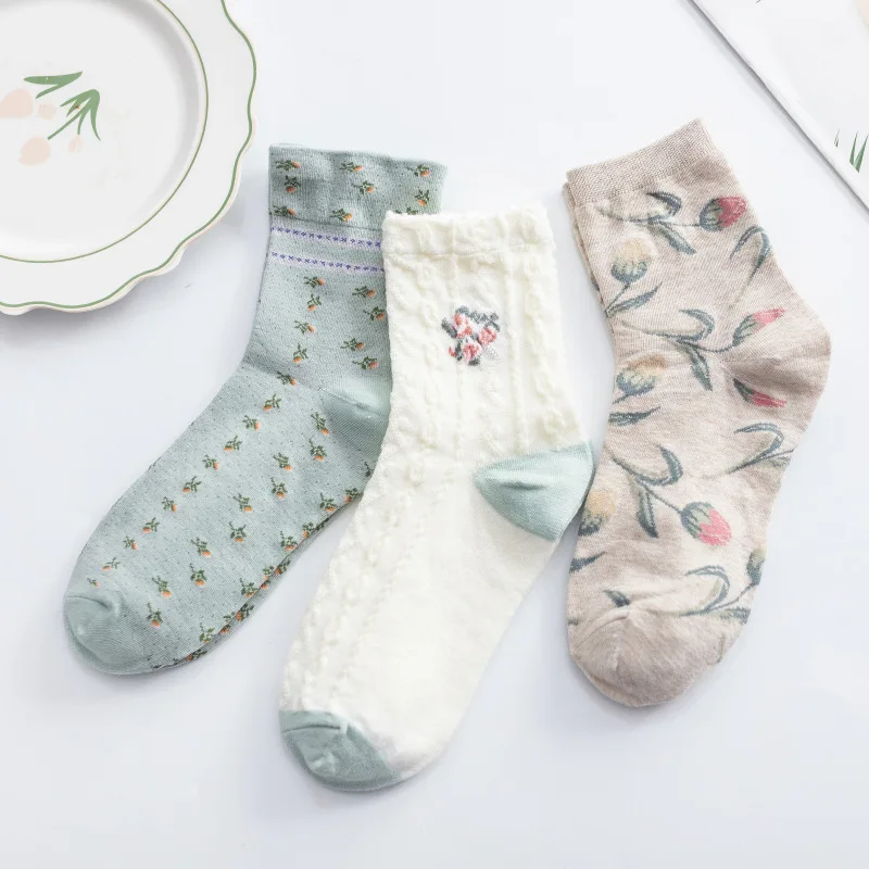 6Pcs=3Paris/Pack Tulip Floral Retro Cute Womens Cotton Socks Breathable Cozy Little Flowers Sweet Maidens Short Socks Wholesale