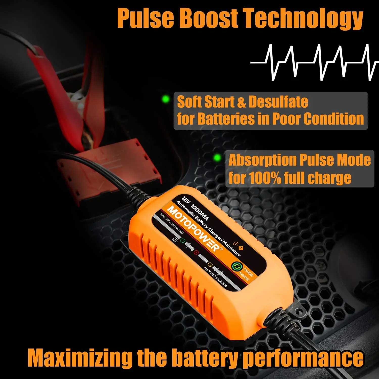 MOTOPOWER MP00205B-R 12V 1000mA Automatic Battery Charger, Battery Maintainer, Trickle Charger, and Battery Desulfator with Time