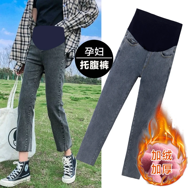 6351# Winter Thicken Warm Plus Velvet Denim Maternity Jeans Belly Straight Casual Thermal Fleece Belly Pants for Pregnancy Women