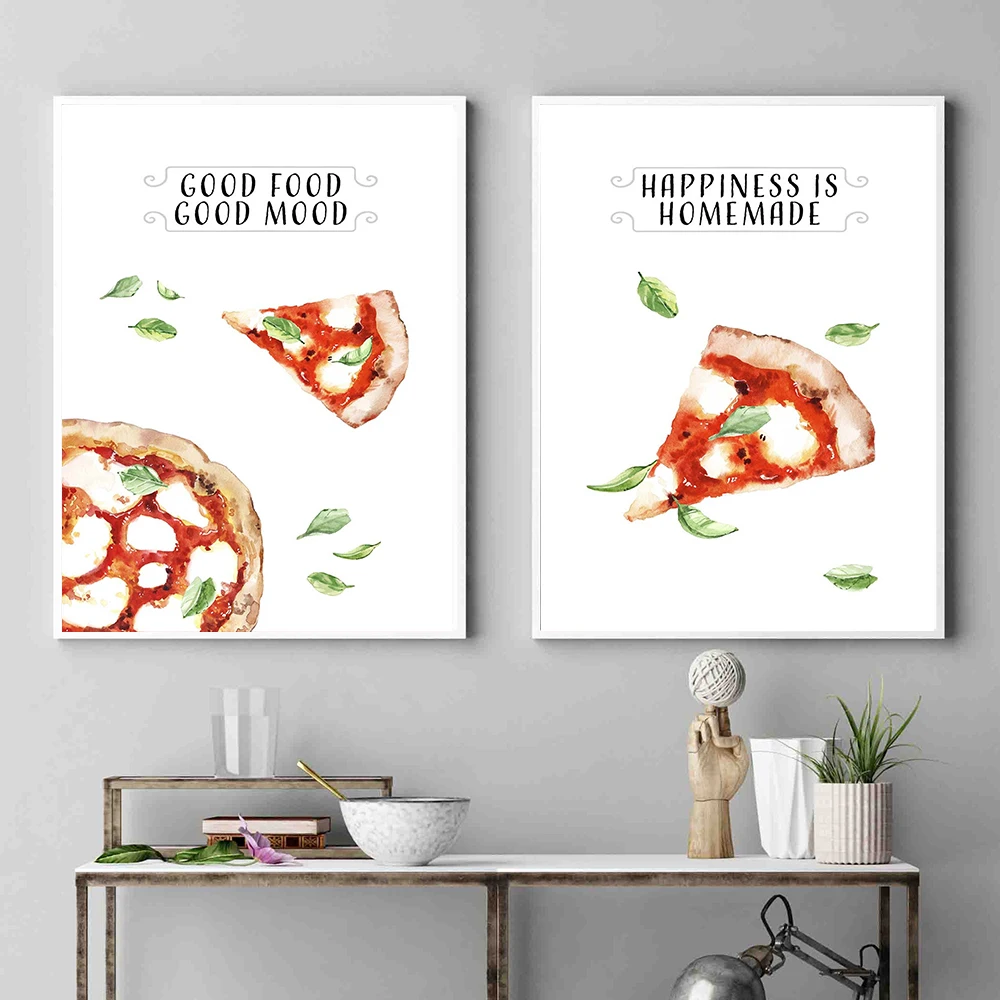 Italian Pizza Watercolor Poster and Print Modern Kitchen Dining Room Wall Art Home Decor Canvas Painting Good Food Quote Picture