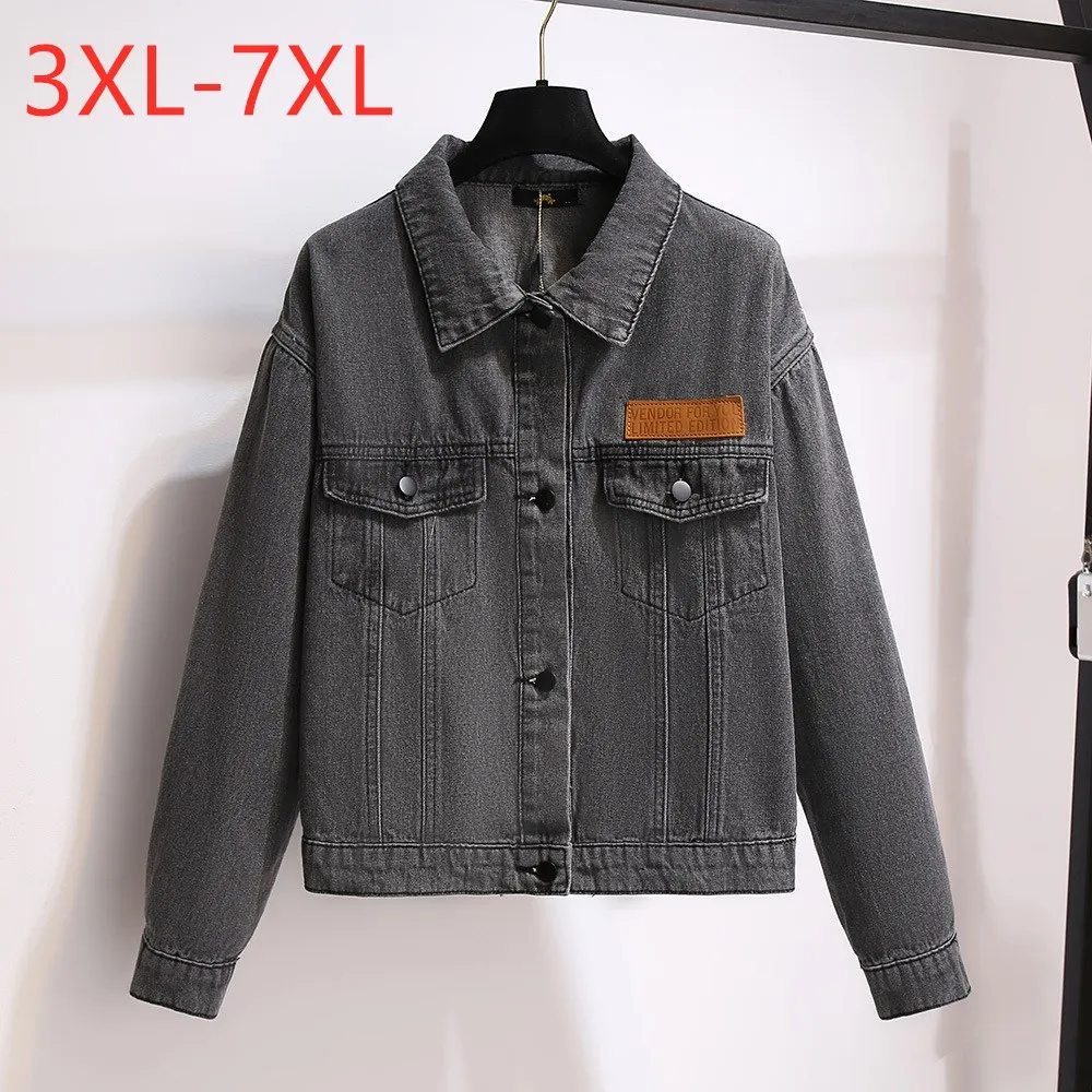 New Spring Autumn Plus Size Denim Jacket For Women Large Loose Long Sleeve Black Cotton Button Shorts Coat  7XL