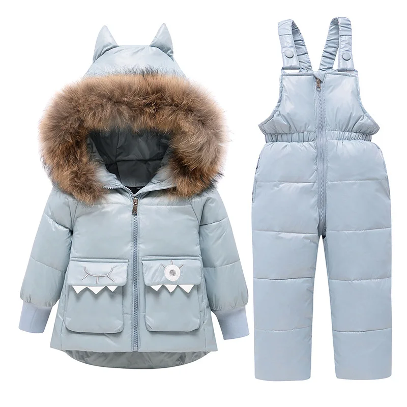 New Winter Childrens Clothing Sets Warm Baby Boy Ski Suits Snowsuits Real Fur Girl\'s Down Jackets Outerwear Coat+suspender jumps