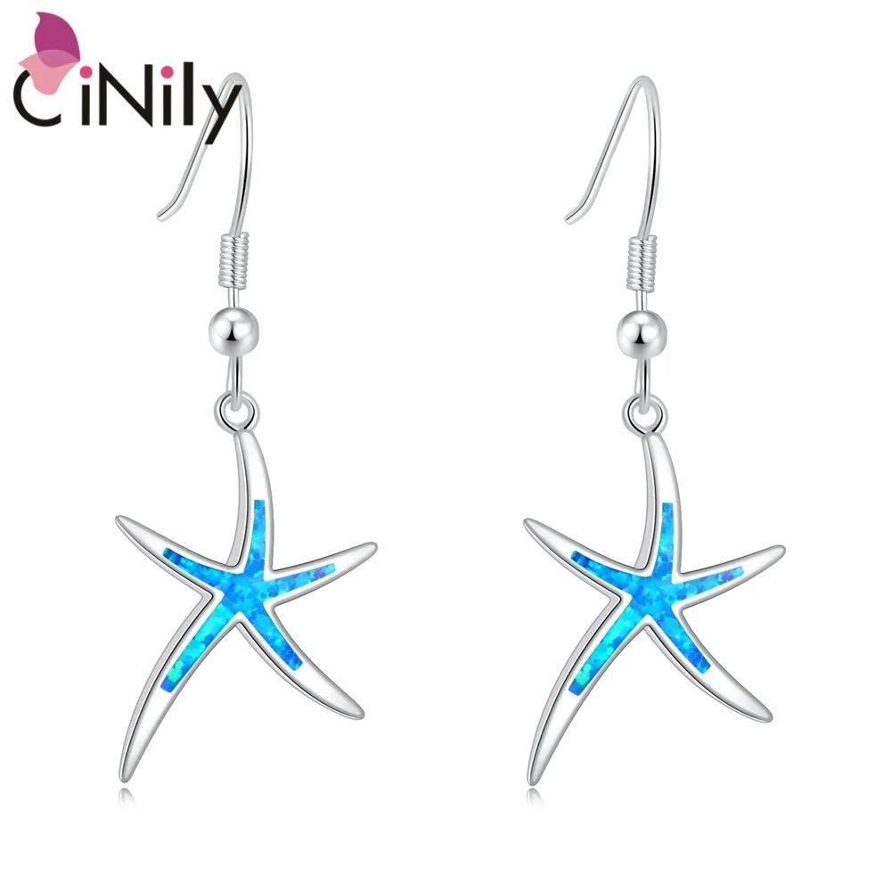 CiNily Blue& White Created Fire Opal Silver Plated Wholesale Lovely Starfish for Women Jewelry Dangle Earrings 1 5/8