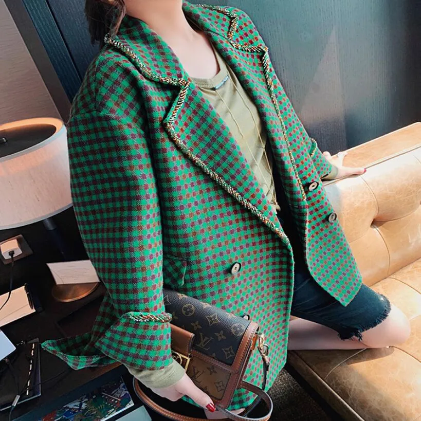 

2021 autumn winter Fashion plaid woolen coat women loose double breasted wool blends suit jacket