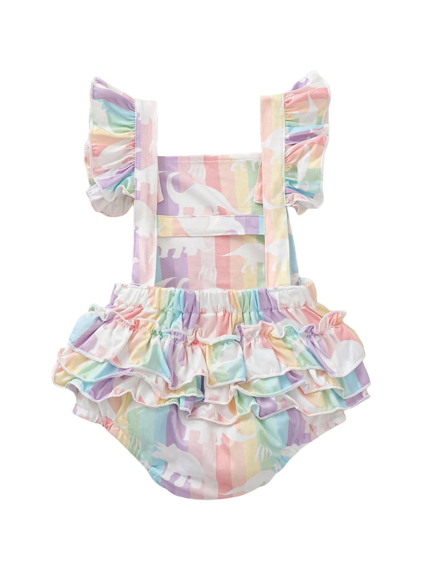 2021 New Style Baby Girl’s Sweet Ruffles Fly Sleeve Romper Fashion Dinosaur Rainbow Stripe Backless Jumpsuits Dress For Children