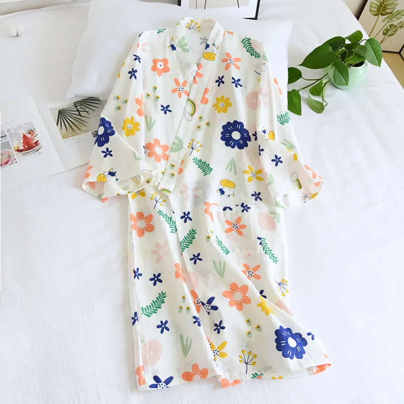 Summer 100% Cotton Thin Japanese Kimono Robes for Women Floral Printing Bathrobe Loose Casual Soft Absorb Sweat Sleep Tops 2021