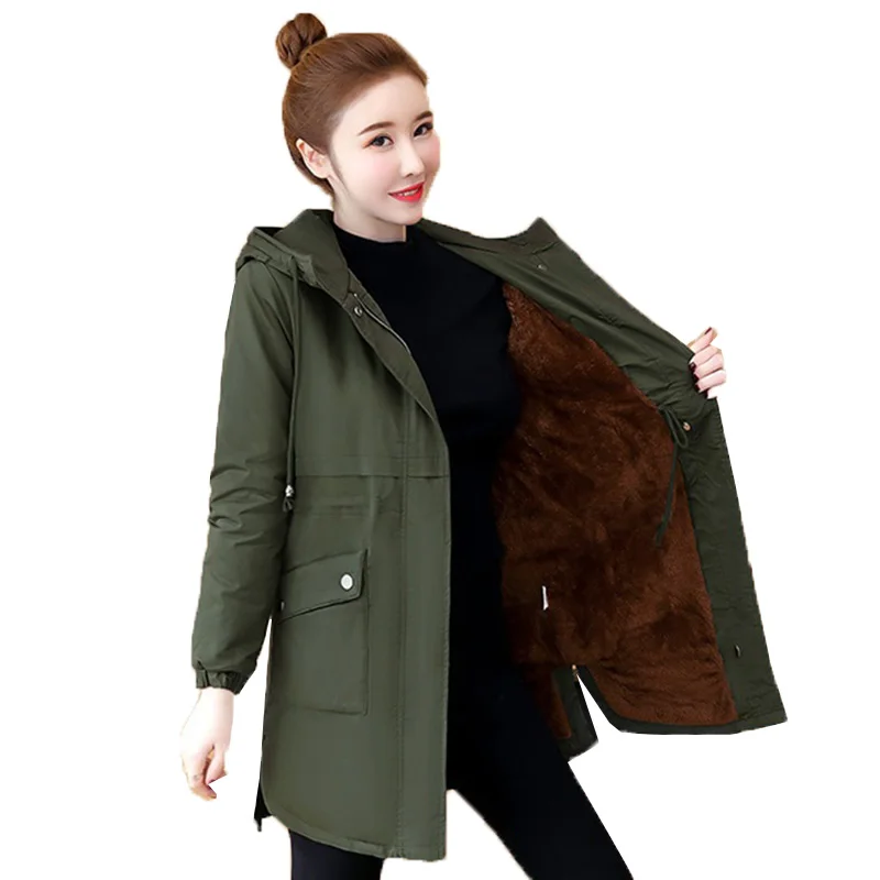 

2023 New Autumn Winter Jackets Hooded Zipper Women's Coat Mid-Long ArmyGreen Add Thick Warm Coats Casual Outerwear Tooling