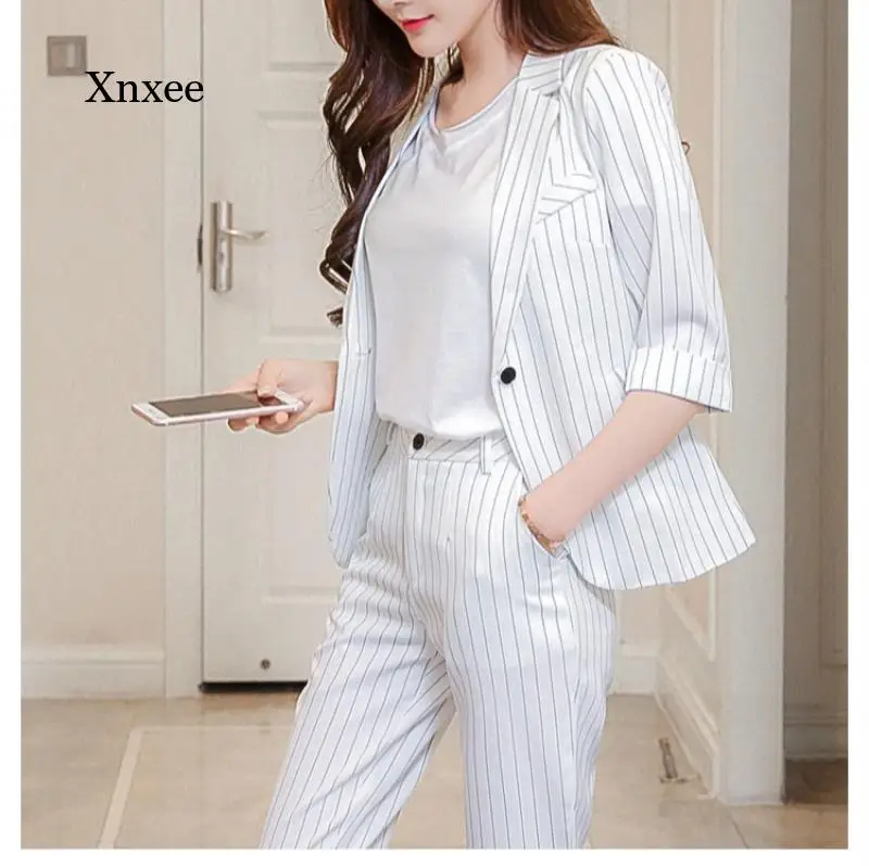 

2021 Spring and Autumn Women's Work Pants Suit Ol 2-Piece Set Double-Breasted Striped Suit Jacket and Zipper Pants Suit