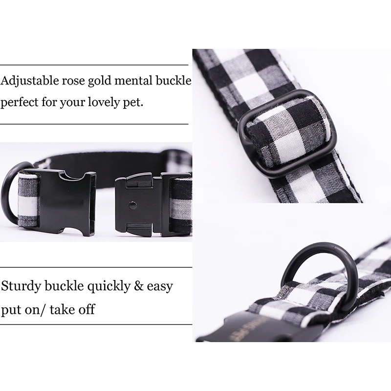 Chrismas Dog or Cat Collar or Leash  with Bows Grey Dots Design with Cotton Webbing Black Plaid