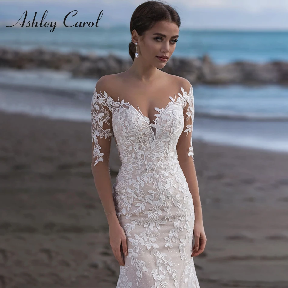 Ashley Carol – robe De mariée sirène, tenue De plage romantique, dos nu, avec des Appliques, à manches longues, collection 2023