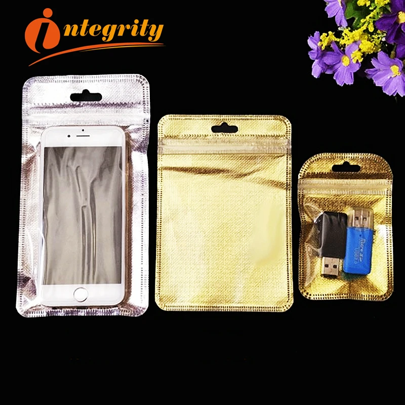 INTEGRITY 100pcs/lot,7*11cm Gold/silver Self Seal Zipper Plastic Retail Packaging Storage Bag, Zip Lock plastic Bag W/ Hang Hole