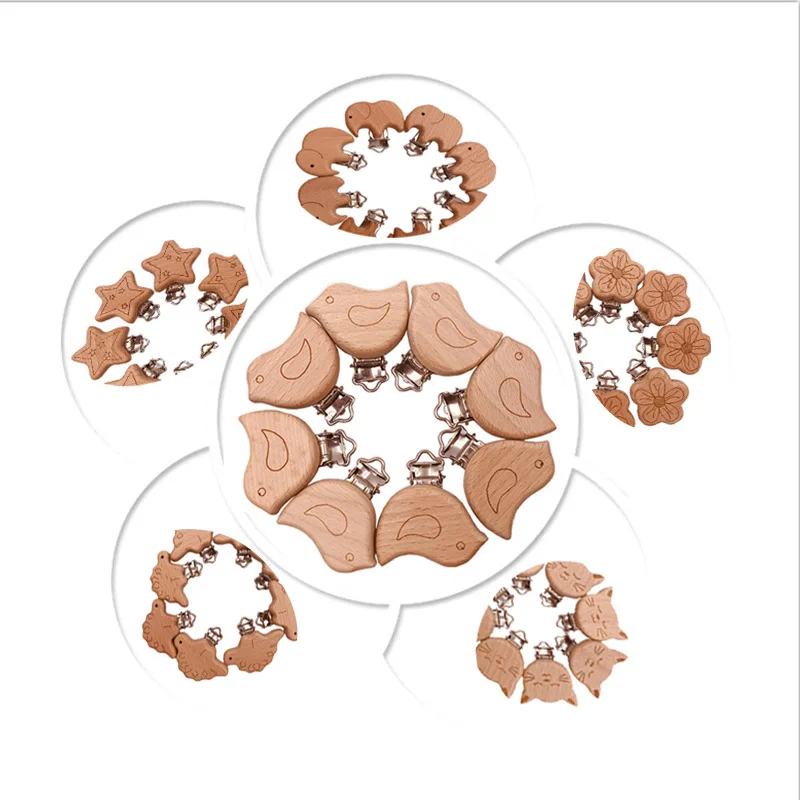 

5pcs/Set Wooden Pacifier Clips Comfortable Beech Wooden Pacifier Clips Cartoon Animal Pacifier Clip Chain Baby Molar Accessories