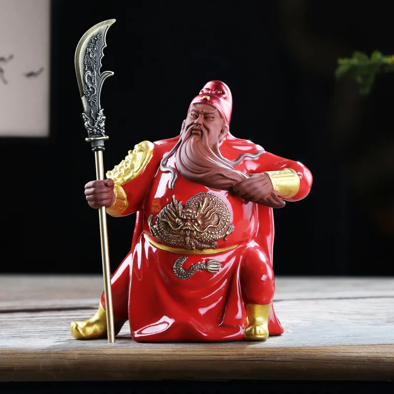 Ceramic Guan Gong Lucky Statue， God of War Guan Character hand-painted Sculpture ，Home living room loft decoration statue