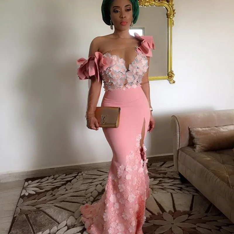 Ziemlich 3D Blume Aso Ebi Lange Gonna Prom Kleider Lange Meerjungfrau Afrikanische Prom Kleider Spitze Sheer Long Sleeves Split Vestido longo