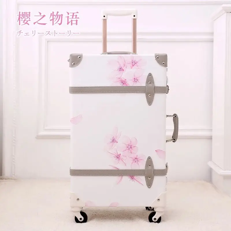 Hot!New Women 2PCS/SET Vintag PU Cherry blossoms Rolling Luggage sets,Men 13\