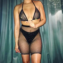 Women Bikini Cover Ups Fishnet Mesh Sheer Sexy Swimwear Diamond Shiny Sequined Sparkle Leggings Shorts Pants Beachwear Cover-up