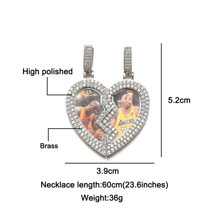 Hip Hop Personality 1 Pair Heart Shaped Custom Picture Cubic Zircon Necklaces & Pendants For Men Women Jewelry With Solid Back