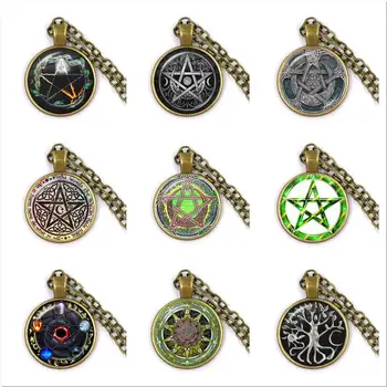 빈티지 유리 공장 등나무 나무 펜던트 목걸이 마법의 별 Pentacle 위카 쥬얼리 신비로운 펜던트 유리 카보 숑 목걸이 